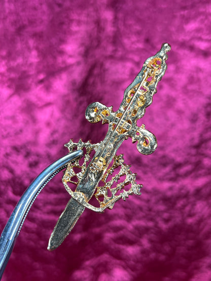 Vintage Jewelry - Brooch - Sword and Crown - Mixed Tone Metals and Clear Rhinestones - L-S