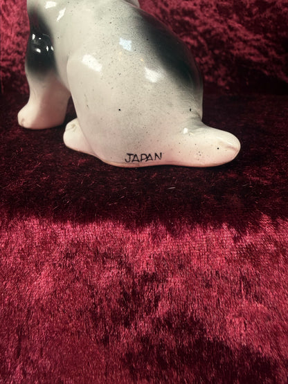 Vintage 1950s Ceramic Dog Figurine – Black & White Puppy with Big Eyes