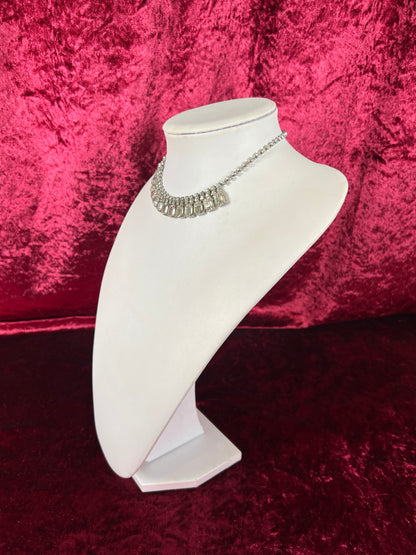 Vintage Jewelry - Collar Necklace - Silver Tone Metal - Baguette and Round Rhinestones - 15.25”