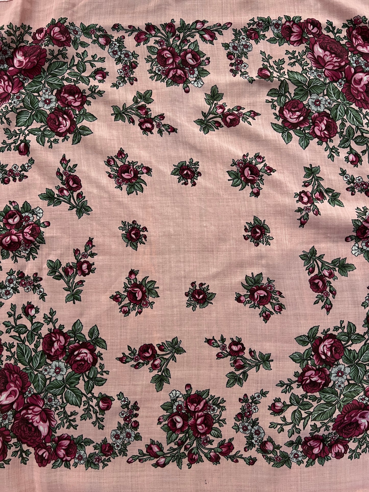 Vintage Kashmir Woole Floral Fringe Scarf - Pink Rose Square Wrap Bohemian Style