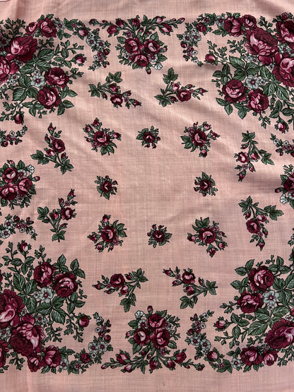 Vintage Kashmir Woole Floral Fringe Scarf - Pink Rose Square Wrap Bohemian Style