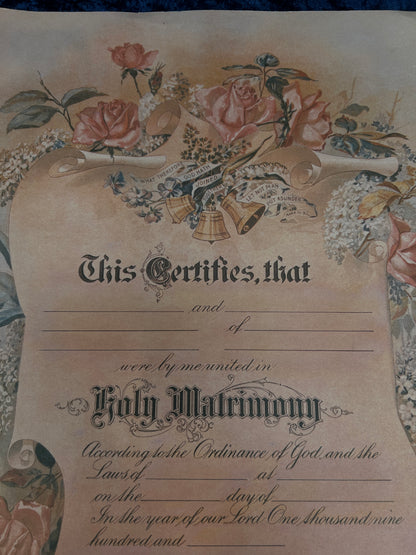 Vintage Paper Marriage Certificate - Victorian Style Pink Roses Holy Matrimony Keepsake