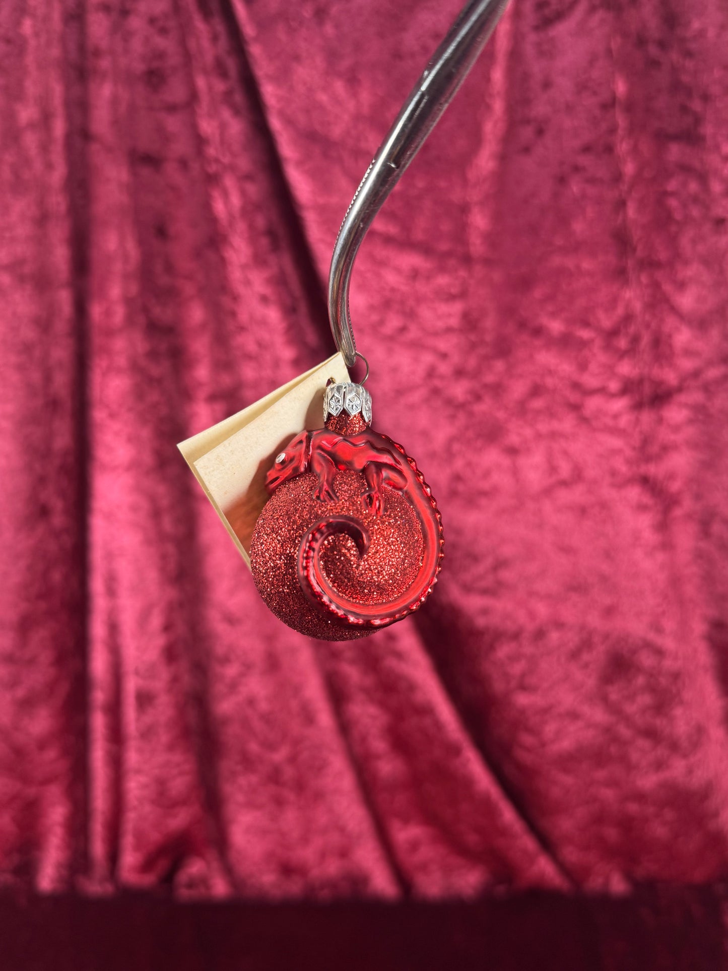 Vintage Christmas - Handblown Glass Ornament - Red Chameleon On Glitter Orb - Patricia Breen - Poland