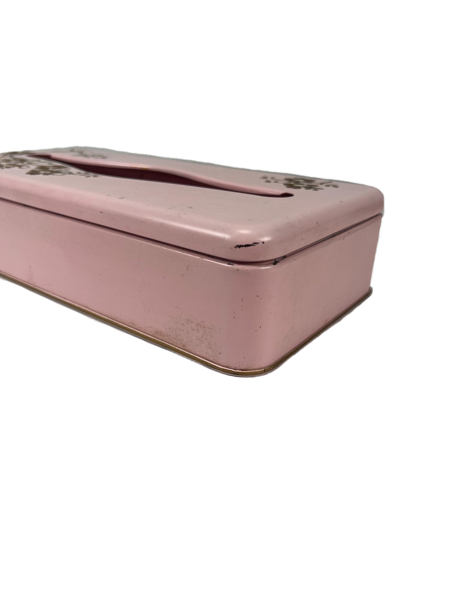 Vintage Home Decor - Tissue Box Holder - Powder Pink Metal - Painted Gold Floral Tree Branch