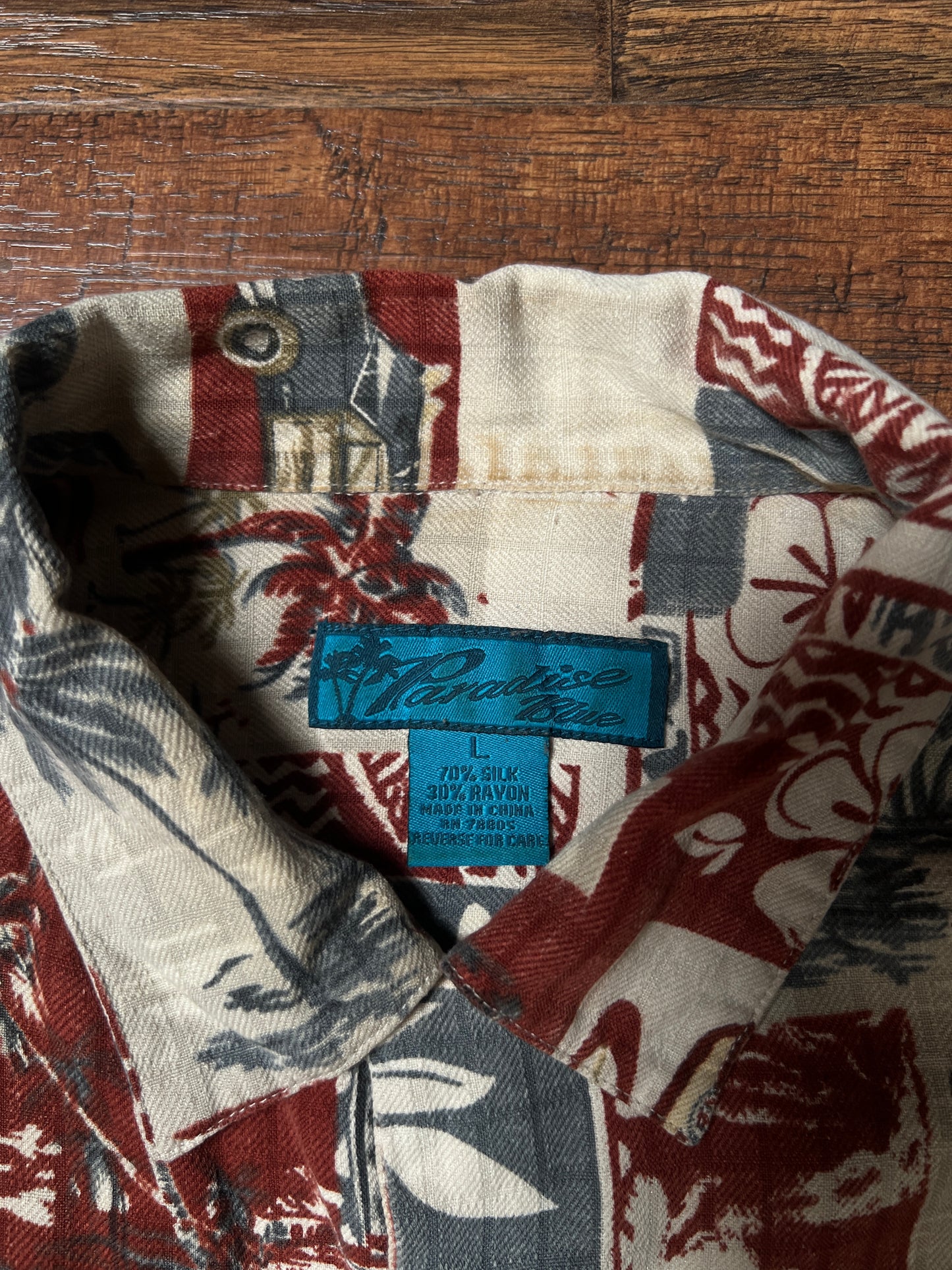 Vintage Paradise Blue Silk Rayon Shirt – Hawaiian Surf Car Print – Size Large