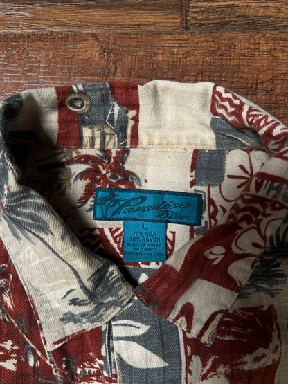 Vintage Paradise Blue Silk Rayon Shirt – Hawaiian Surf Car Print – Size Large