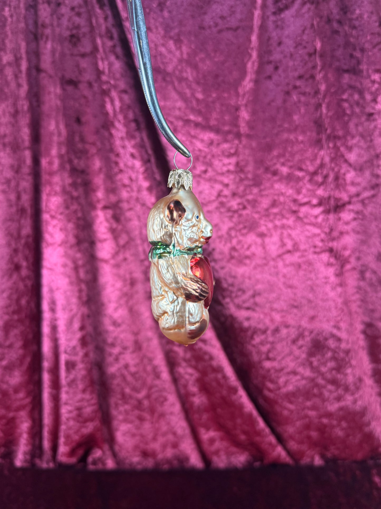 Vintage Christmas - Handblown Glass Ornament - Bear Holding A Red Heart - 4"