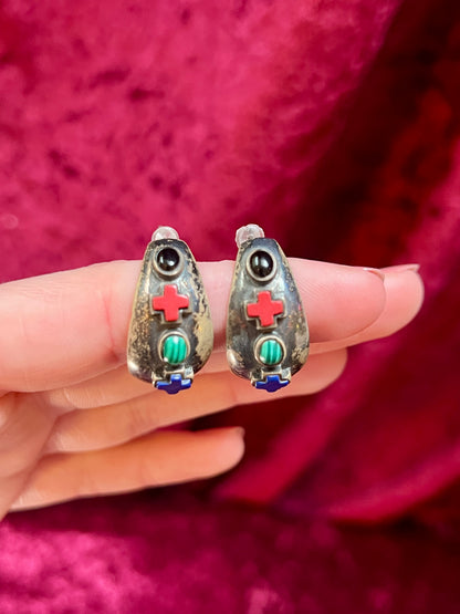 Vintage Jewelry - Half Hoop Earrings - Sterling Silver - Inlaid Stones - Signed SE