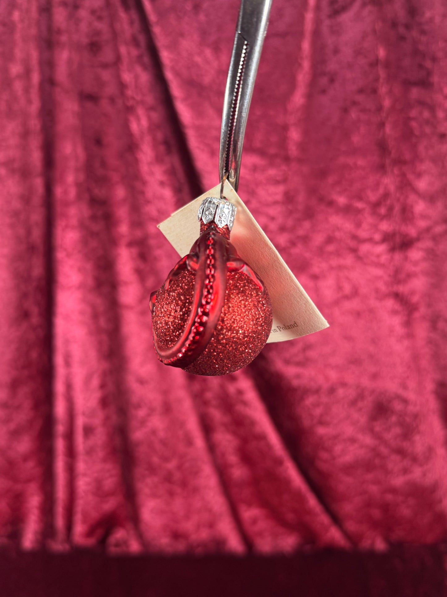 Vintage Christmas - Handblown Glass Ornament - Red Chameleon On Glitter Orb - Patricia Breen - Poland