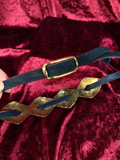 Vintage Brass and Indigo Suede Leather Belt – Sculptural Wave Plate Adjustable Fit