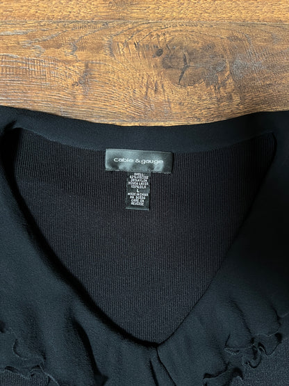 Vintage Cable & Gauge Knit Blouse - Black Ruffle Trim Wrap - Size Large