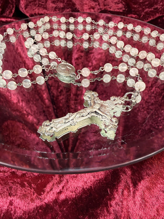 Vintage Jewelry - Italian Rosary - Sterling Silver - Milky Pale Pink Beads with Ornate Cross - 18"