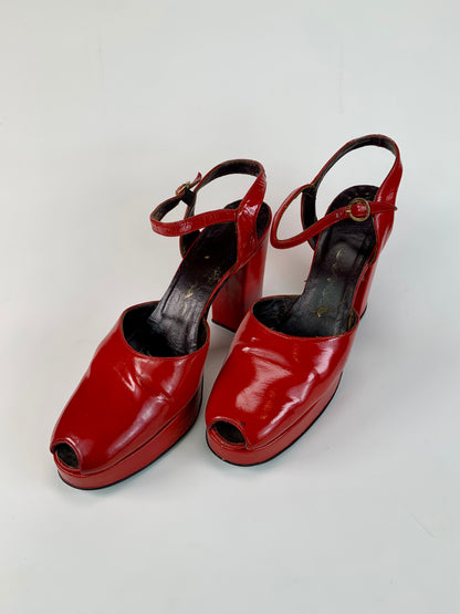 Vintage Shoes - Patent Leather Peep Toe Platform Heels - Cherry Red - 7 1/2