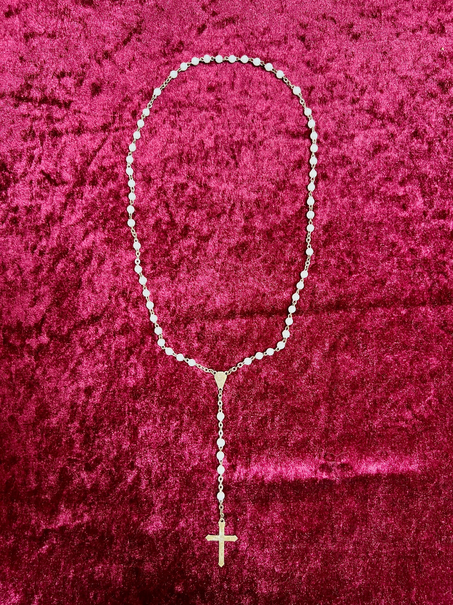Vintage Jewelry - Rosary Beads - Shiny White Beads - Brass Tone Cross - 12.75"