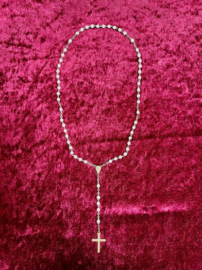 Vintage Jewelry - Rosary Beads - Shiny White Beads - Brass Tone Cross - 12.75"