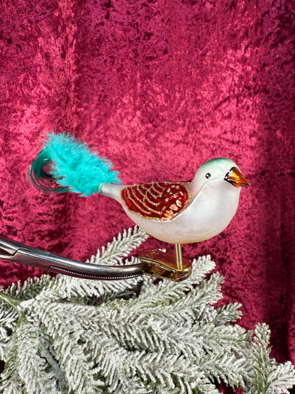 Vintage Christmas - Glass Clip-On Ornament - Sparrow Bird with Blue Feather Tail - QVC