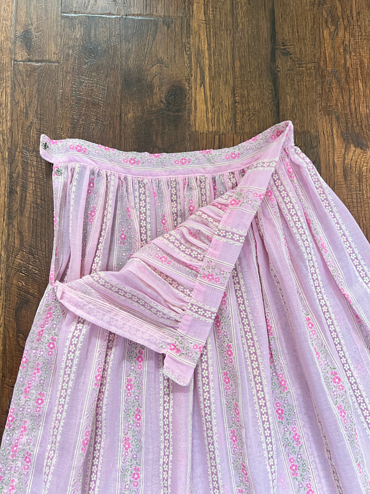 Vintage Circle Skirt - Pink Floral Stripe Semi Sheer Midi - Small