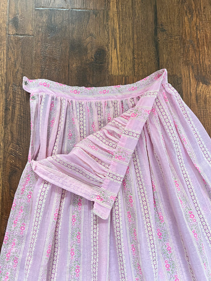 Vintage Circle Skirt - Pink Floral Stripe Semi Sheer Midi - Small