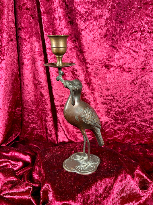 Vintage Brass Decor - Candlestick Holder - Long Legged Bird Holding Branch