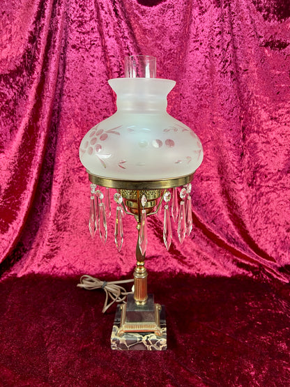 Antique Marble and Brass Sinumbra Style Hurricane Lamp – Frosted Glass Shade with Crystal Prisms