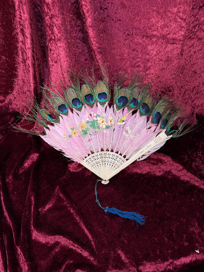 Antique Chinese Handheld Fan - Peacock Feathers and Pierced Bone Staves – Hand Painted