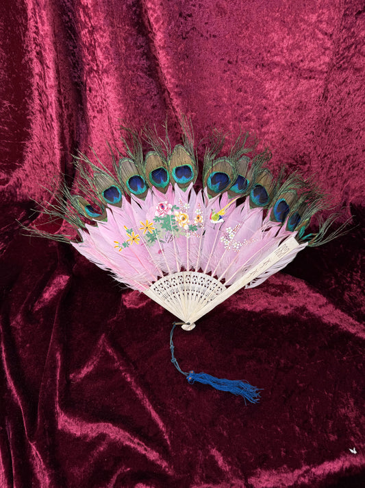 Antique Chinese Handheld Fan - Peacock Feathers and Pierced Bone Staves – Hand Painted