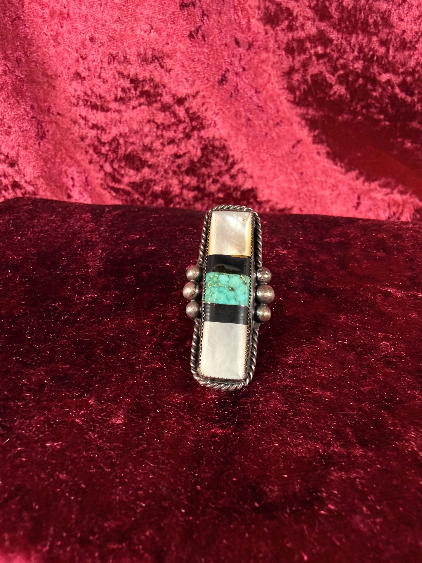 Vintage Sterling Silver Ring – Turquoise and Mother of Pearl Inlay Statement - Size 6