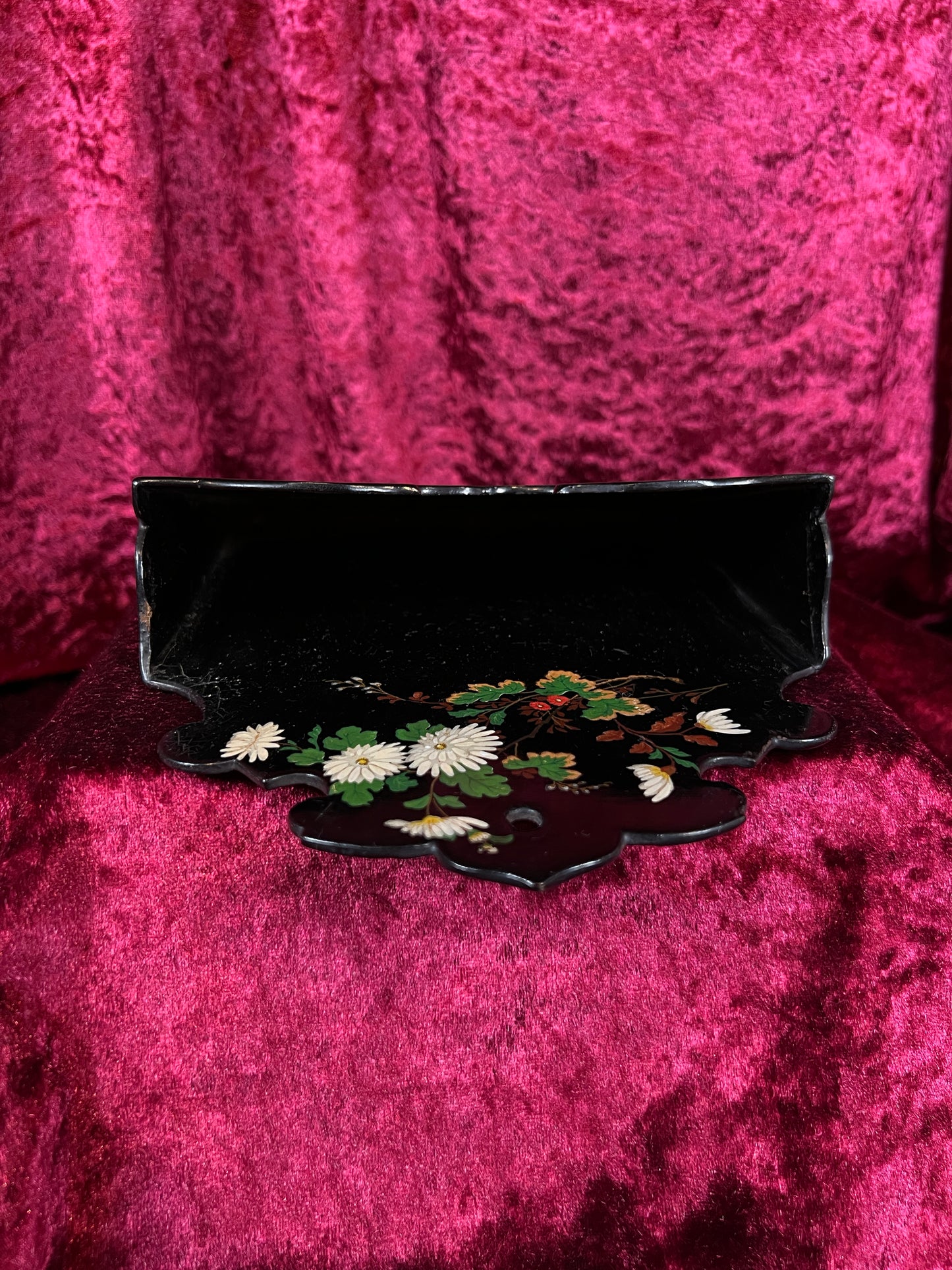 Antique Papier Mache Wall Pocket - Victorian Black Lacquer Painted White Flowers