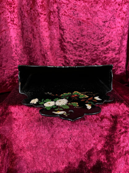 Antique Papier Mache Wall Pocket - Victorian Black Lacquer Painted White Flowers