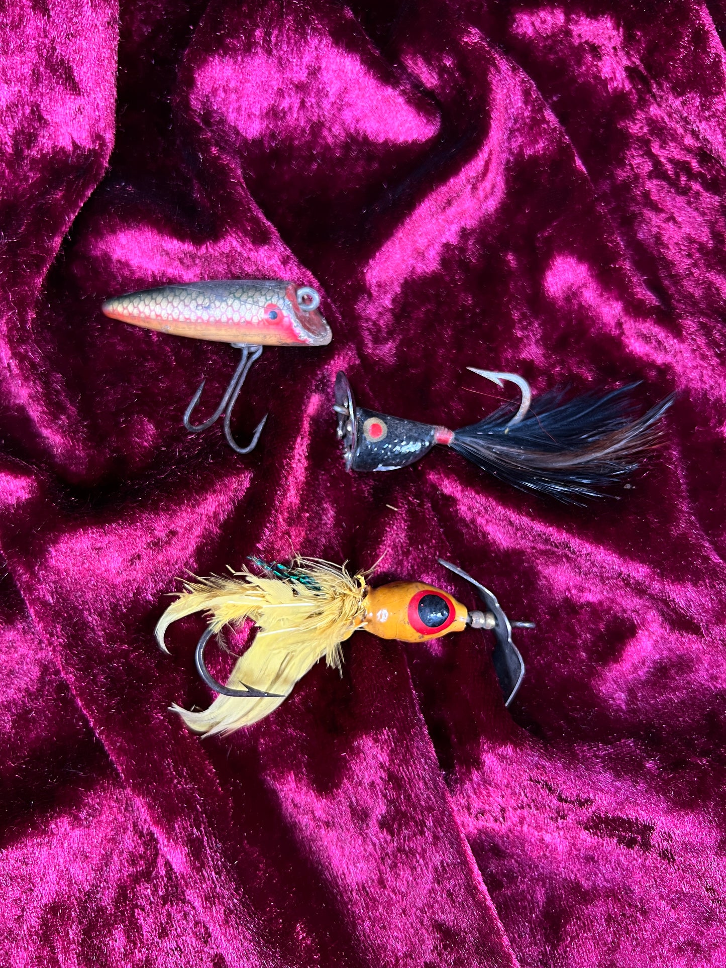 Vintage Fishing Lure Collection - Yellow Bass Popper, Heddon Black Fidgit, Miniature Marlin