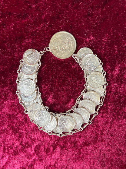 Vintage Jewelry - Coin Bracelet - Silver - Mexican Centavos - 7.75"