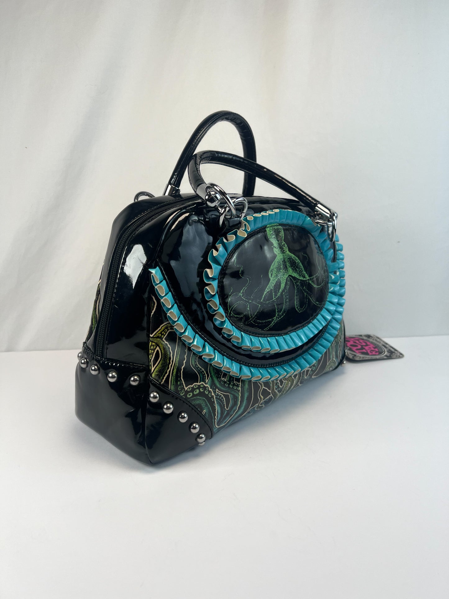 Vintage Purse - Y2K Mini Barrel Tote Bag - Black PVC - Octopus Tentacles - Too Fast Brand