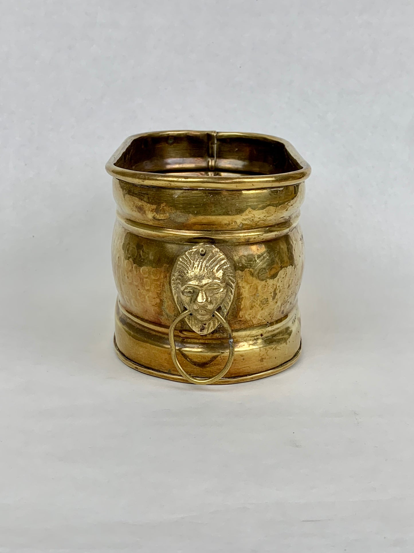 Hammered Brass Jardiniere with Lion Heads