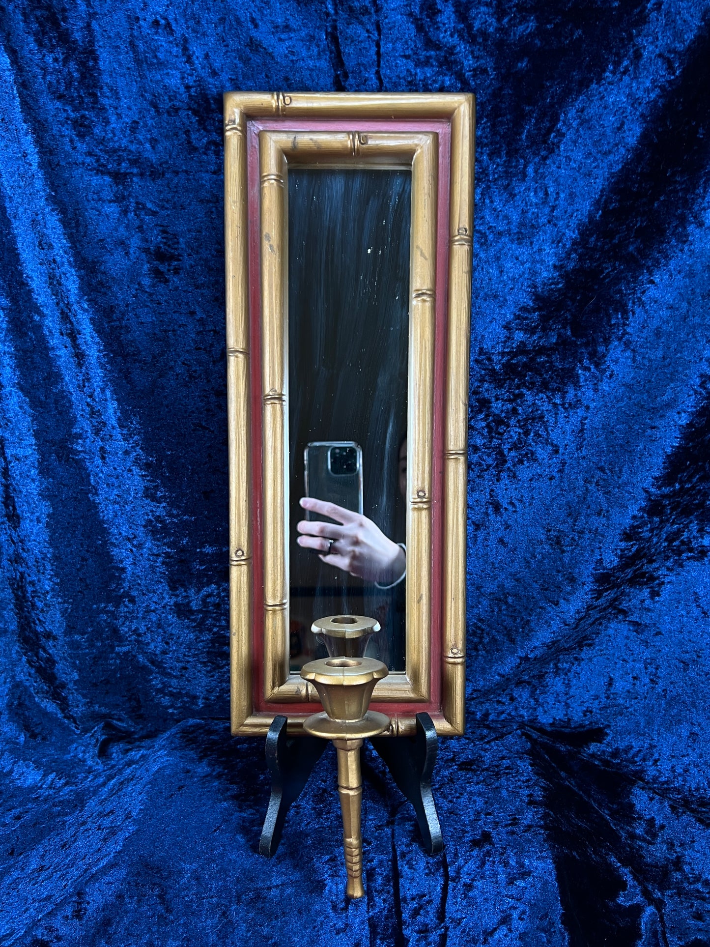 Vintage Burwood Mirrored Candle Sconce - Gold Faux Bamboo Framed