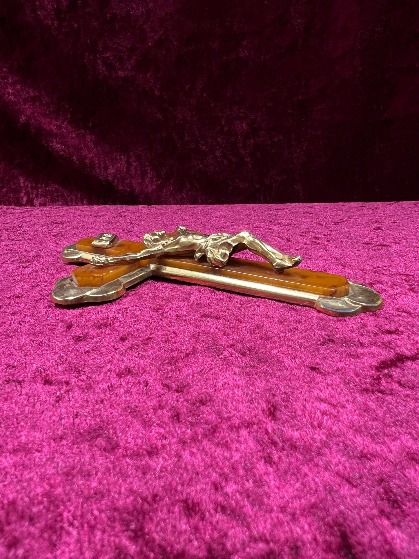 Vintage Brass Crucifix Cross - Marbled Bakelite Inlay Religious Wall Hanging