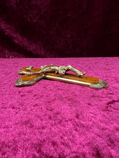 Vintage Brass Crucifix Cross - Marbled Bakelite Inlay Religious Wall Hanging