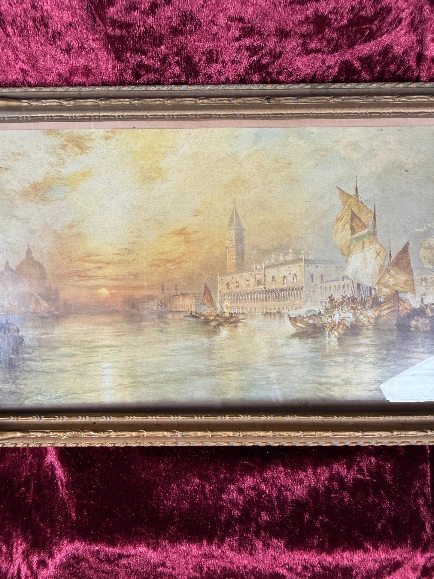 Antique Framed Chromolithograph Wall Art - Sunset On The Grand Canal, Venice by Thomas Moran - 1906 by J.W. Crane