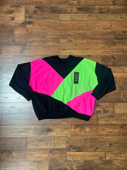 Vintage Clothing - Lightweight Pullover Sweatshirt - 80's Neon Color Block - Ms. Jik - Large