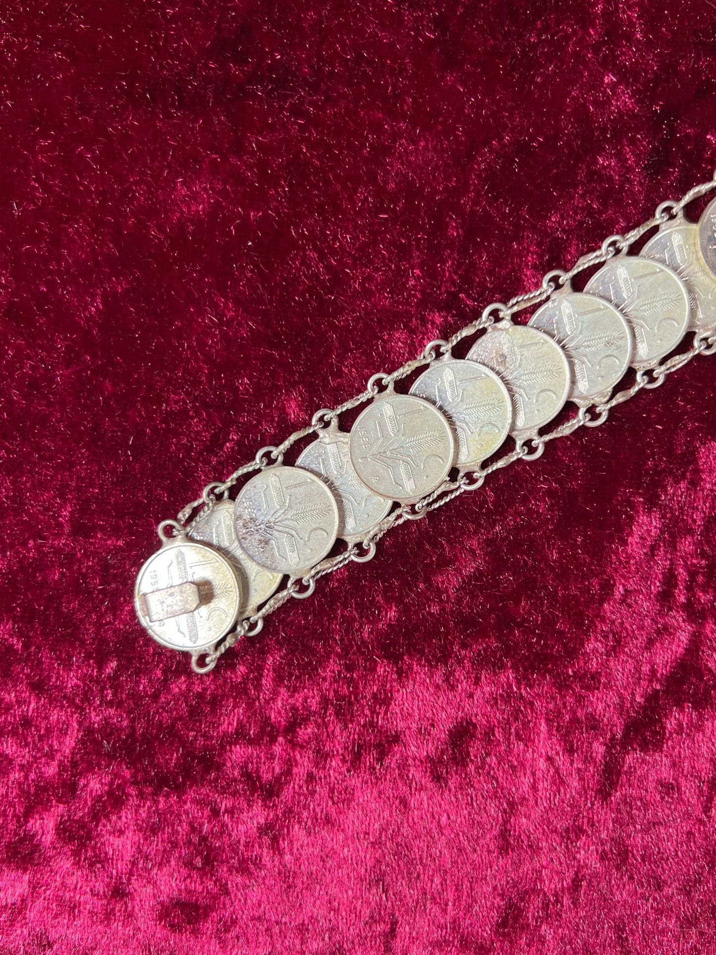 Vintage Jewelry - Coin Bracelet - Silver - Mexican Centavos - 7.75"