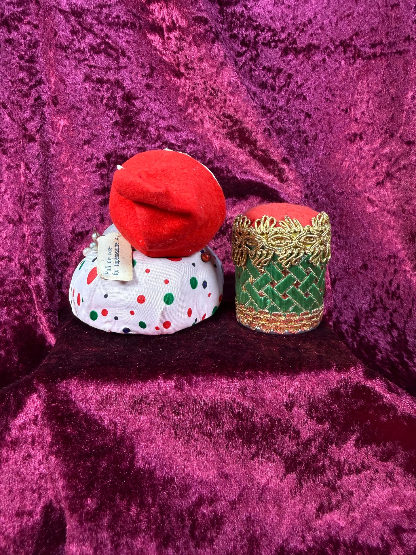 Vintage Pin Cushion Set – Mid Century Jester Clown and Drum - Tape Measure Nose