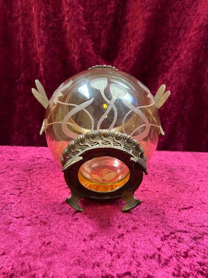 Vintage Oddities - Antique Art Nouveau Opium Jar - Etched Amber Glass - Castilian Poland