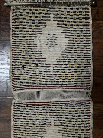 Vintage Wool Wall Hanging Crewel – Geometric Double Panel Tapestry with Fringe