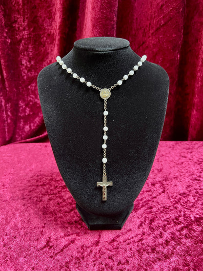 Vintage Jewelry - Italian Rosary - Shiny White Beads with Brass Tone Cross - 18"