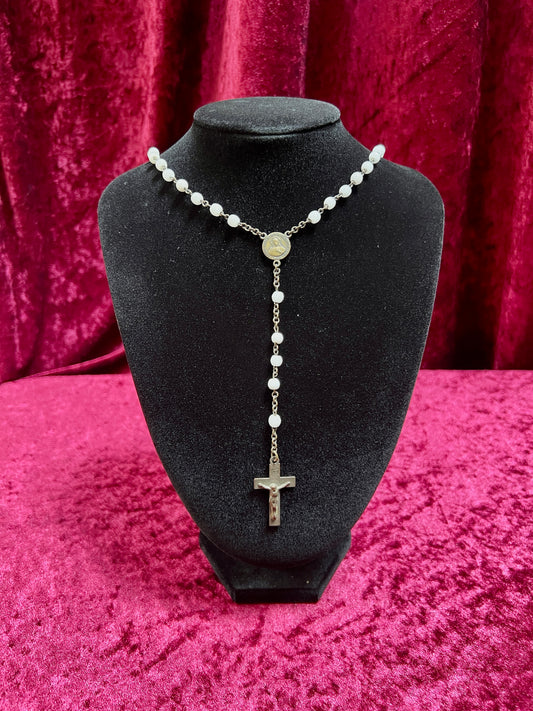Vintage Jewelry - Italian Rosary - Shiny White Beads with Brass Tone Cross - 18"