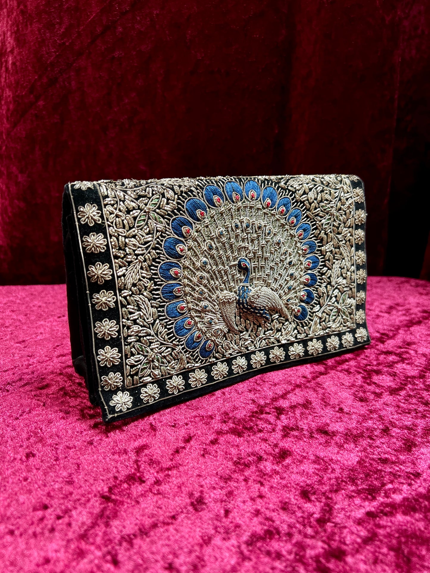 Vintage Double Sided Velvet Evening Clutch – Embroidered Peacock - Zardozi