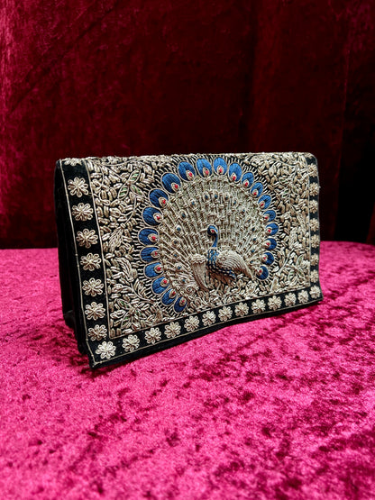 Vintage Double Sided Velvet Evening Clutch – Embroidered Peacock - Zardozi