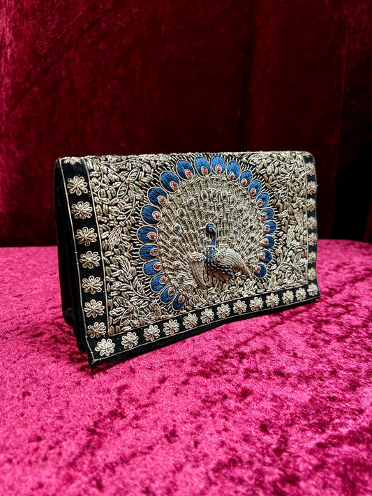 Vintage Double Sided Velvet Evening Clutch – Embroidered Peacock - Zardozi