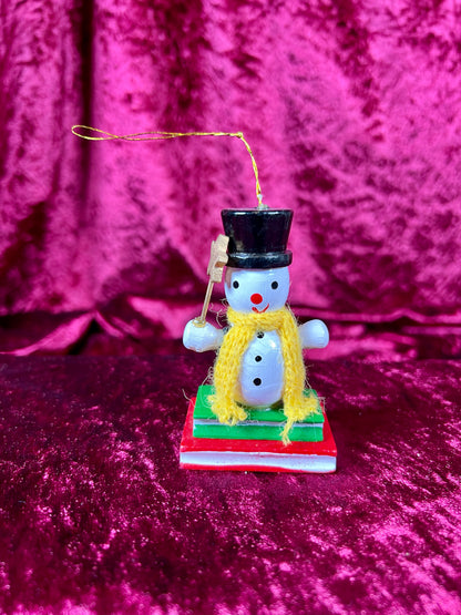 Vintage Christmas - Hand Painted Wood Ornament - Snowman Sitting On Books