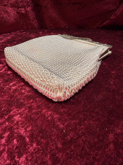 Vintage Accessories - 1950s Gems by George Silver Pearled Beaded Evening Purse - Kiss Lock Closure w/ Gold Chain Strap