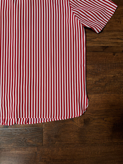 Vintage Liz Baker Petite Polyester Blouse – Red & White Striped Button Up – Large